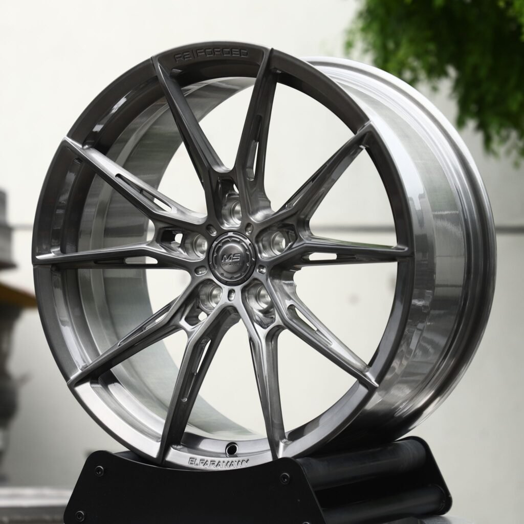 Infiniti Q50 wheels – Transparent Gray Brushed 10-Spoke Star (Wheelforce-Style), angled view