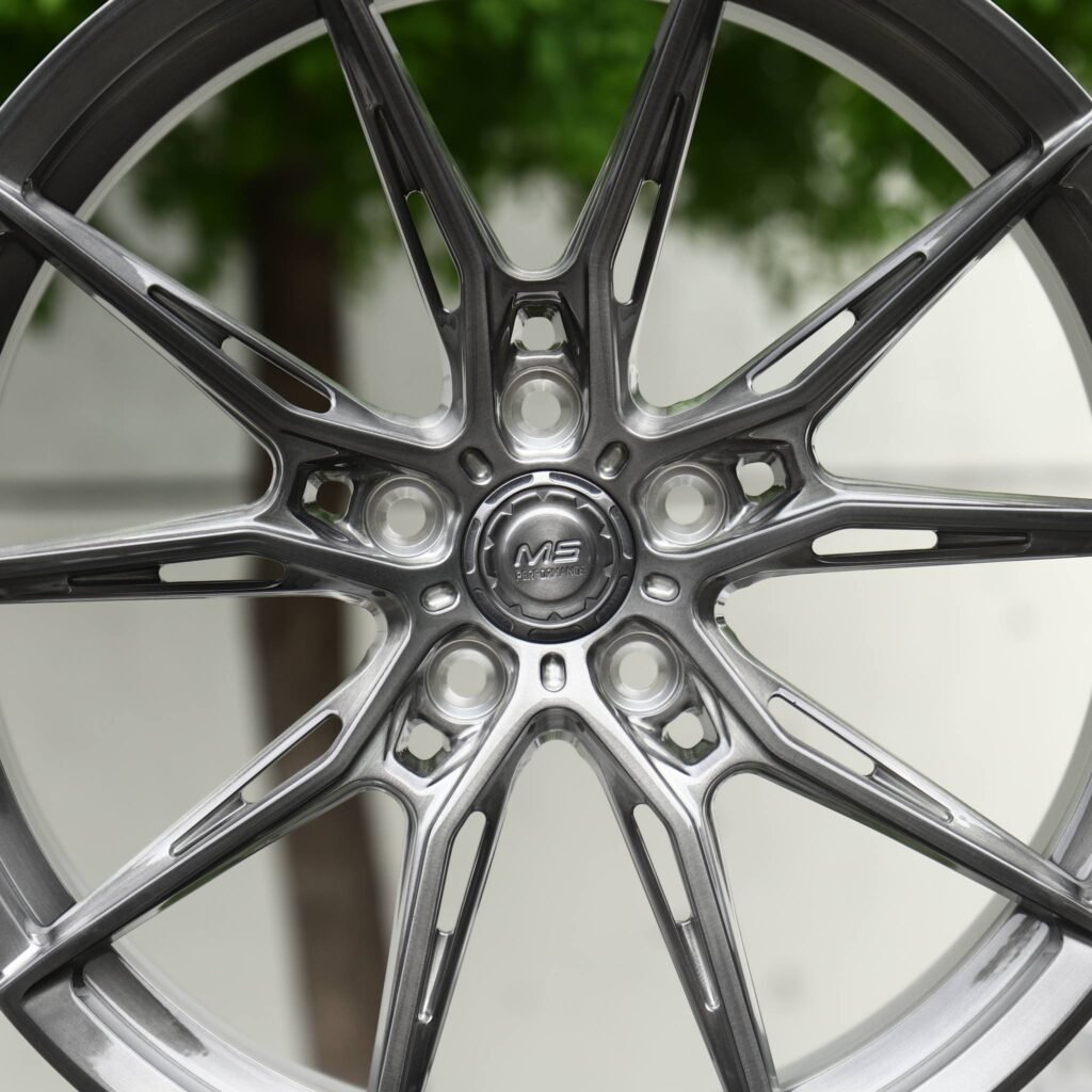 Tesla Model 3 wheels – Transparent Gray Brushed 10-Spoke Star (Wheelforce-Style), lip and barrel detail