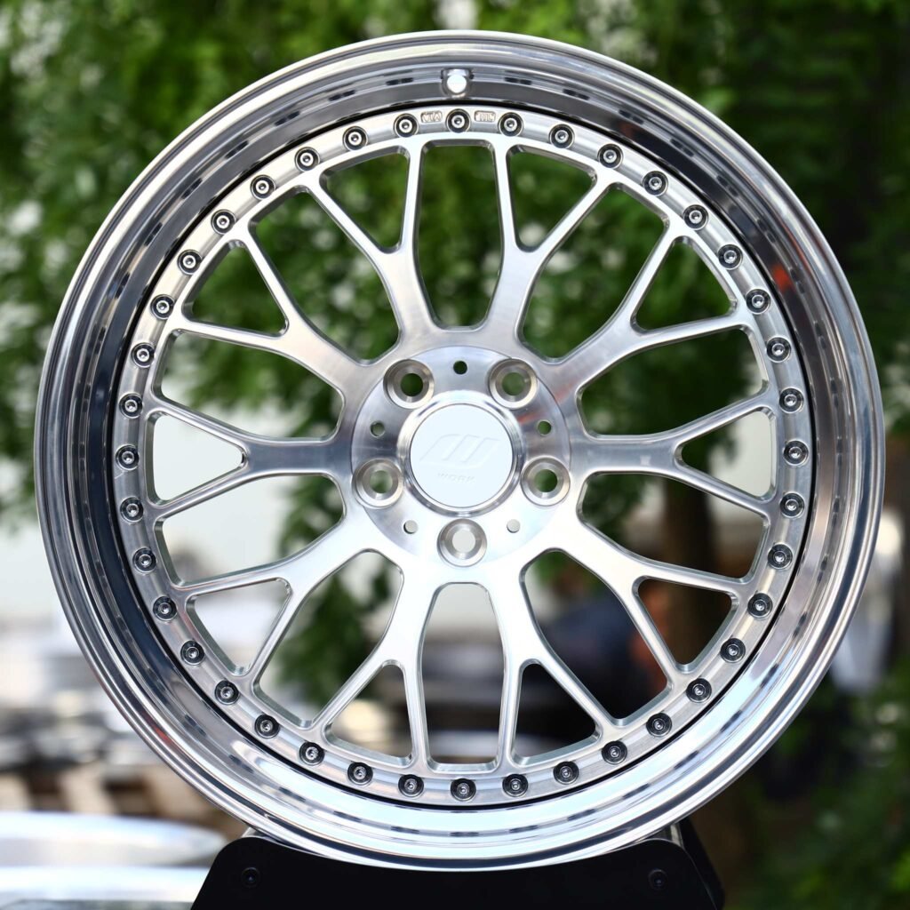 Mercedes S-Class wheels – 2-Piece Brushed Silver Mesh Riveted Polished Lip (Work-Style), front view