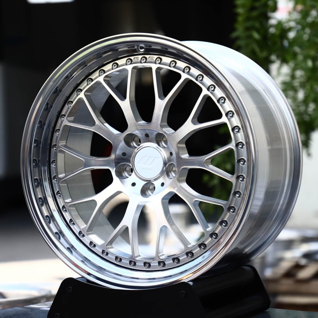 BMW 7 Series wheels – 2-Piece Brushed Silver Mesh Riveted Polished Lip (Work-Style), angled view