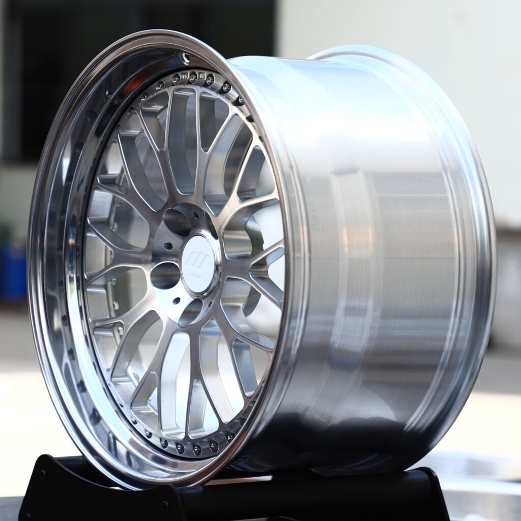 5x112 wheels – 2-Piece Brushed Silver Mesh Riveted Polished Lip (Work-Style), side view