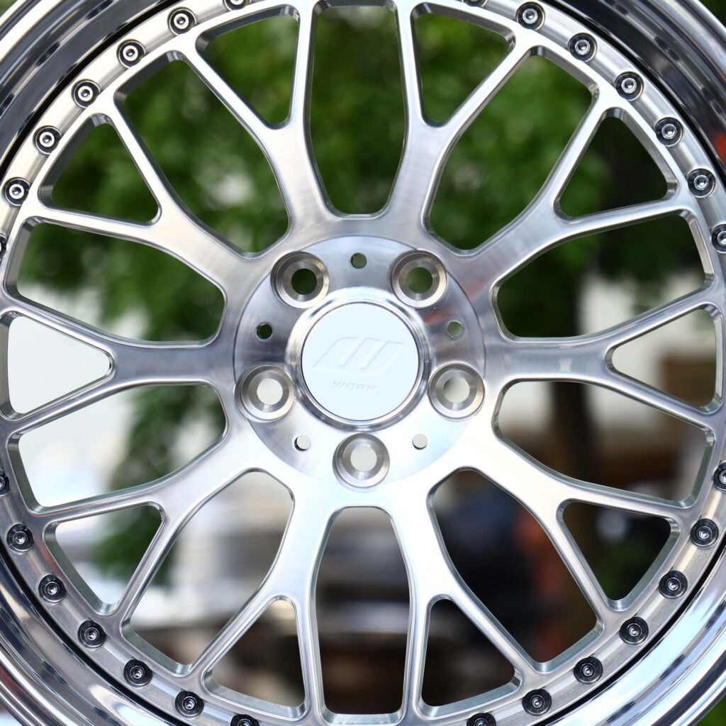 Toyota GR Supra wheels – 2-Piece Brushed Silver Mesh Riveted Polished Lip (Work-Style), lip and barrel detail