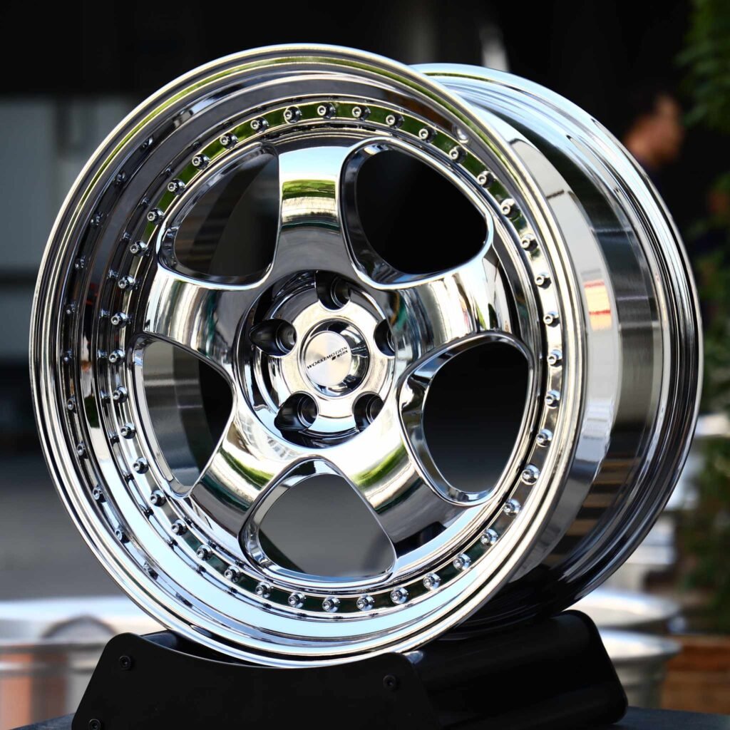 Mercedes CLA wheels – Chrome 5-Spoke Rivet Lip (Work-Style), angled view