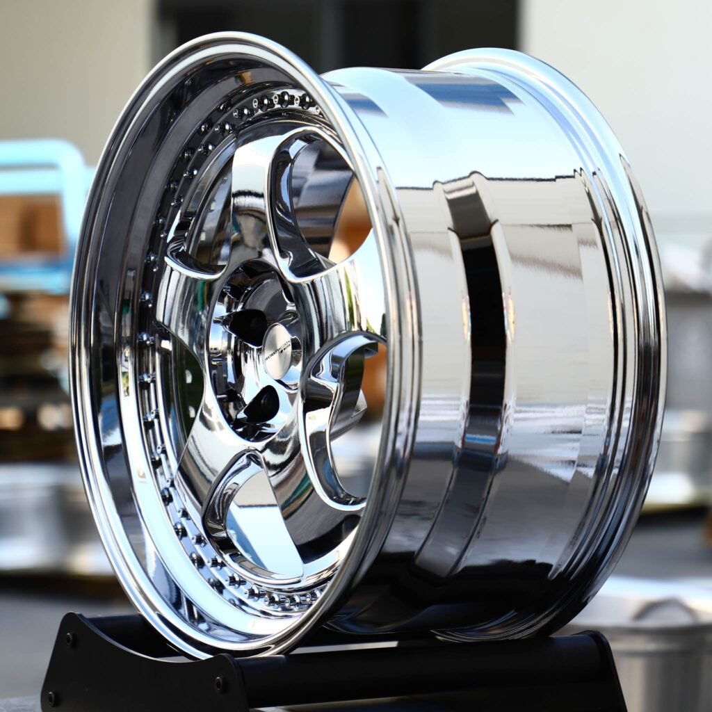 5x112 wheels – Chrome 5-Spoke Rivet Lip (Work-Style), side view