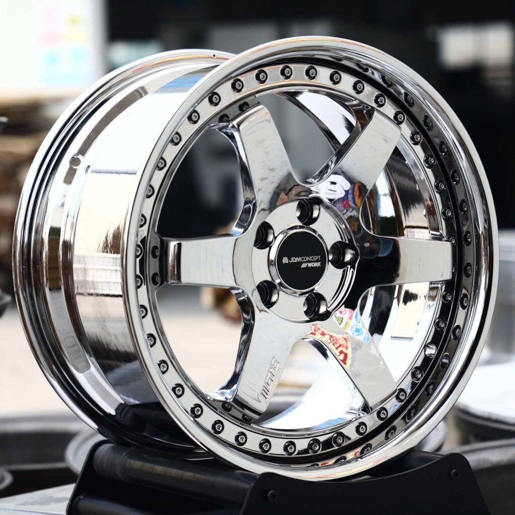 Toyota GR86 wheels – Chrome 6-Spoke 2-Piece Deep Lip (Work-Style), angled view