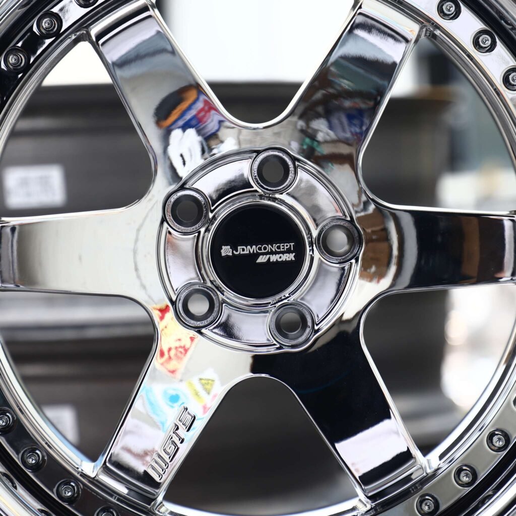Subaru WRX wheels – Chrome 6-Spoke 2-Piece Deep Lip (Work-Style), lip and barrel detail