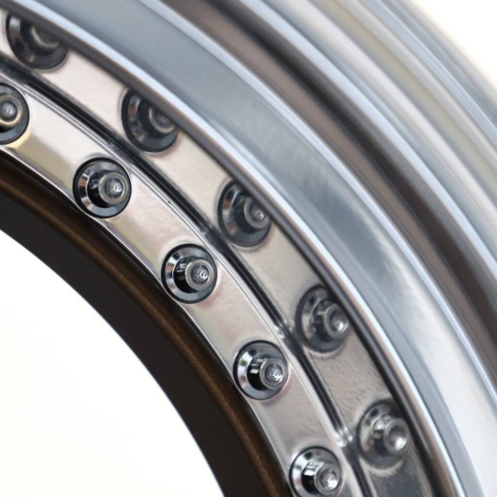 Toyota GR Supra wheels – Matte Bronze 5-Spoke 2-Piece Riveted Deep Lip (Work-Style), lip and barrel detail