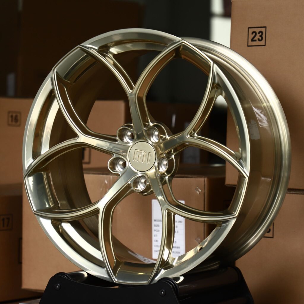 Xiaomi SU7 wheels – Champagne Gold Brushed 5-Petal (Xiaomi OEM-Style), angled view