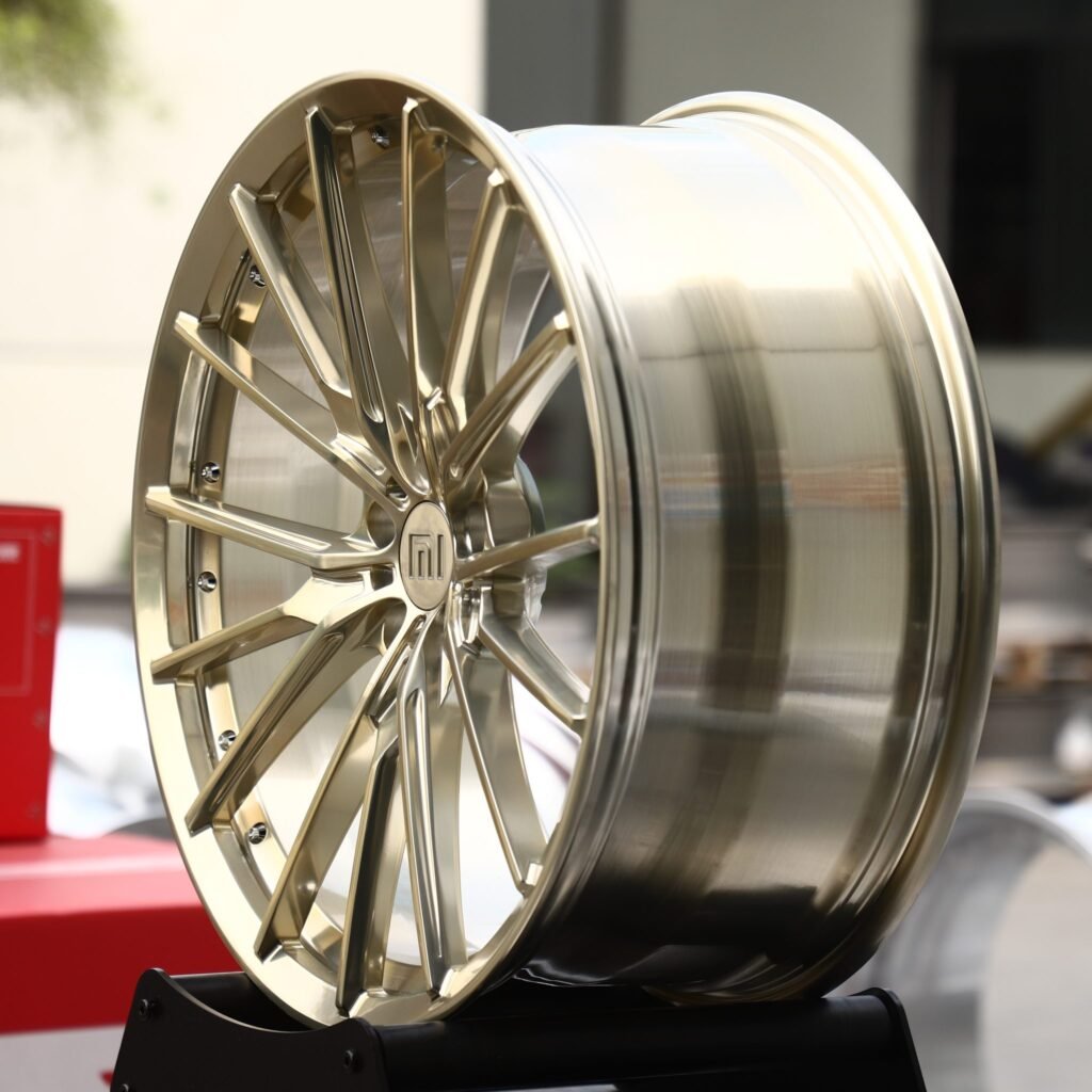 5x114.3 wheels – Champagne Gold Brushed Multi-Spoke Riveted Lip (Xiaomi OEM-Style), side view