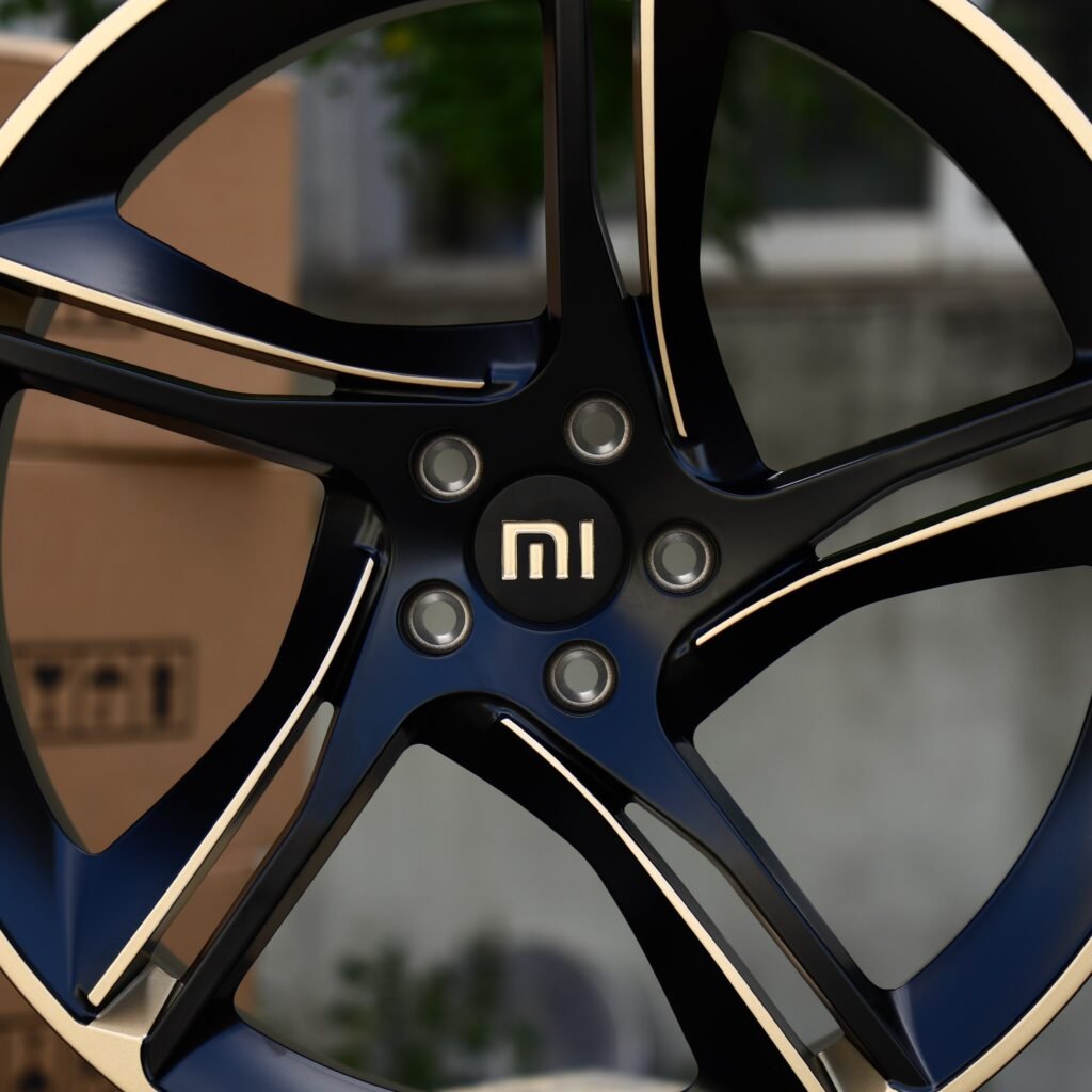 Xiaomi SU7 wheels – Satin Black Gold 5-Spoke (Xiaomi OEM-Style), lip and barrel detail