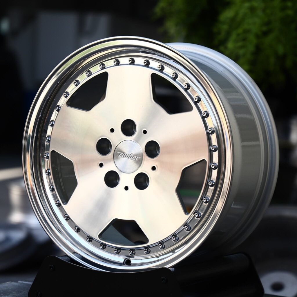 Audi RS5 wheels – Brushed 5-Spoke Dish 2-Piece Riveted (Zauher-Style), angled view