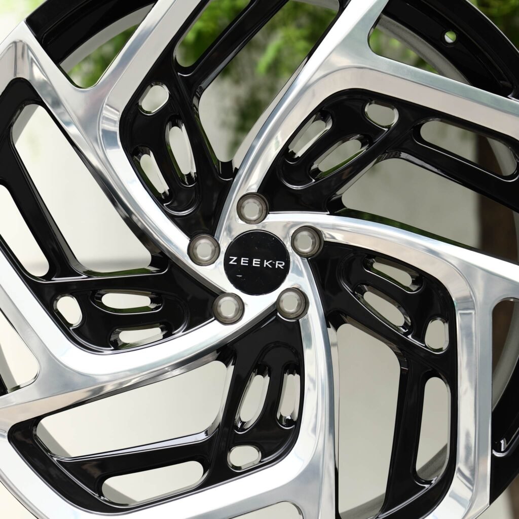 5x108 wheels – Gloss Black Machined 5-Spoke Swirl Directional (Zeekr OEM-Style), side view